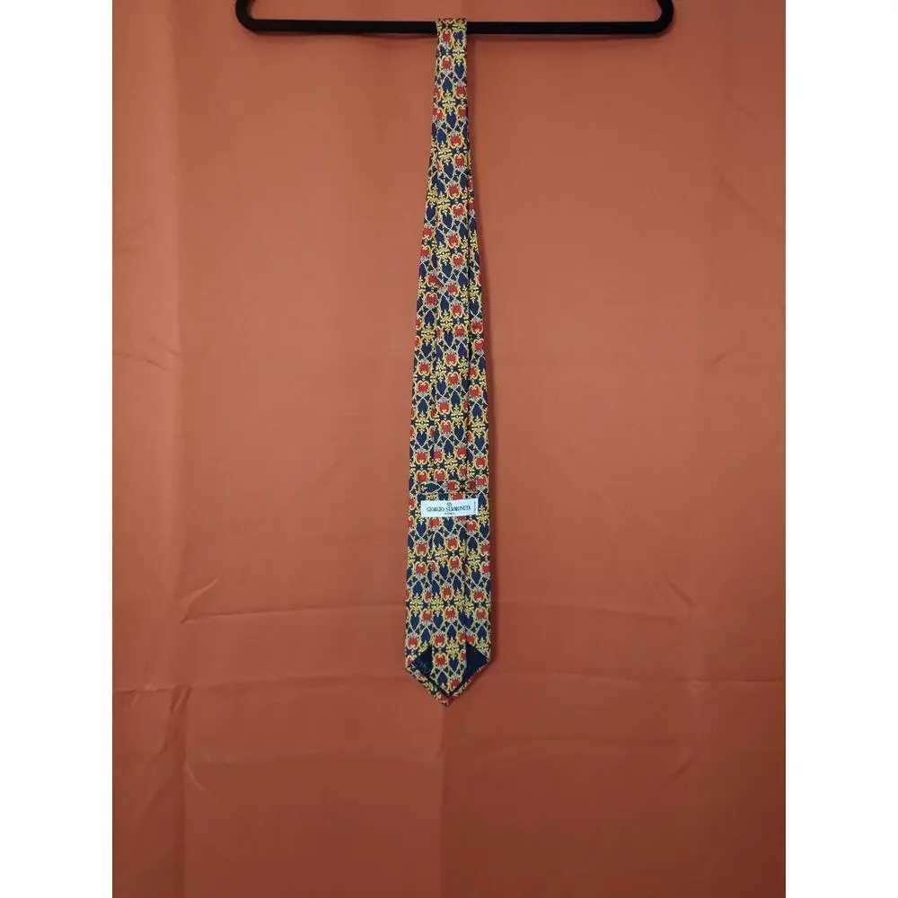 Giorgio Sermoneta Roma 100% Silk Necktie Gold Red Blue Royal Pattern 58